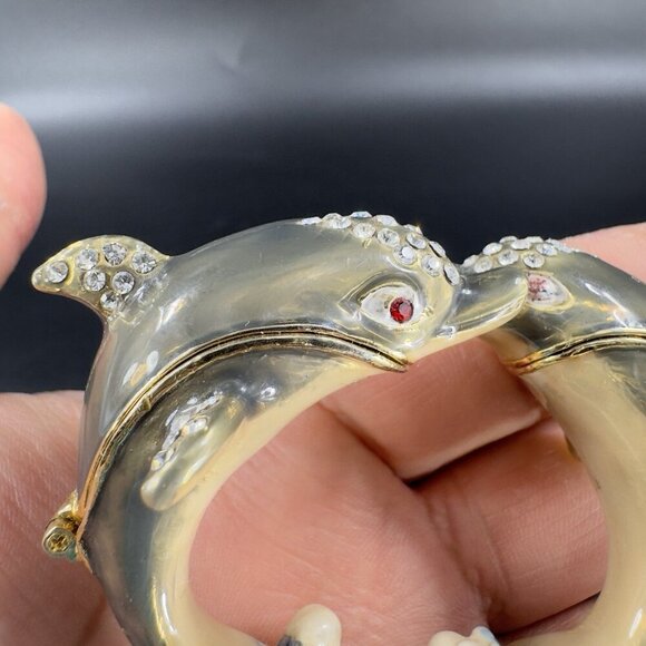 Vintage Enamel Hinged Lid Trinket Box Loving Dolphins Marked CR Metal Trinket - Picture 2 of 13